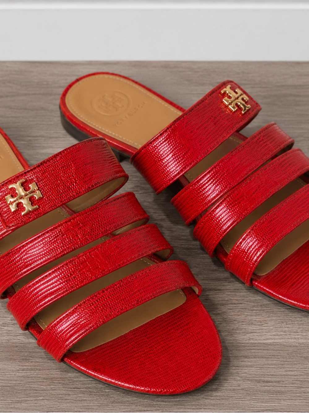 Tory Burch Red Multi-Strap Slide Sandals with Gold Logo